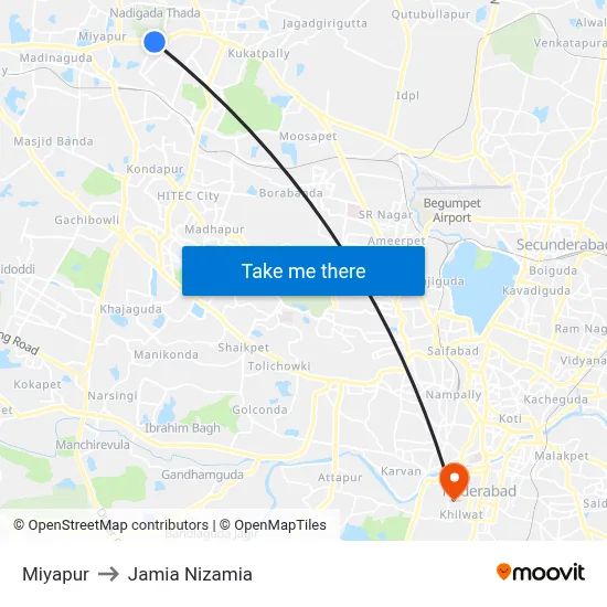 Miyapur to Jamia Nizamia map