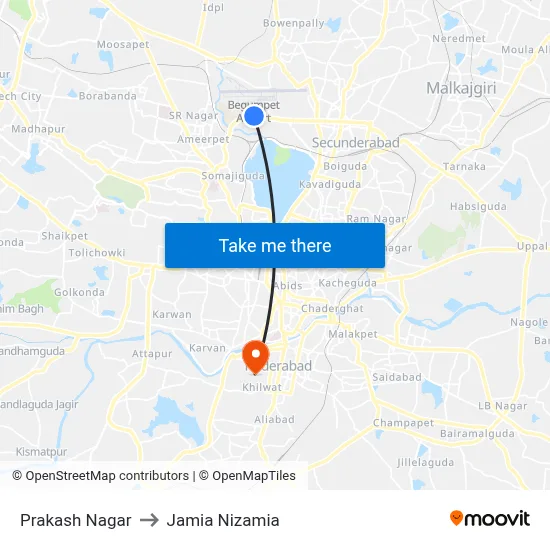 Prakash Nagar to Jamia Nizamia map