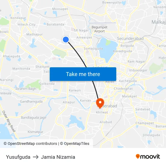 Yusufguda to Jamia Nizamia map