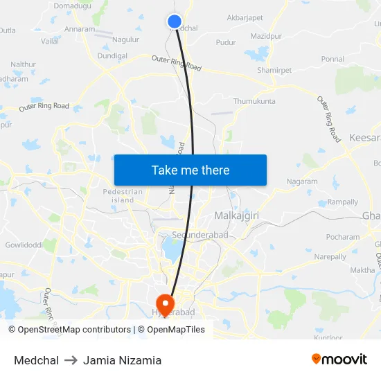 Medchal to Jamia Nizamia map