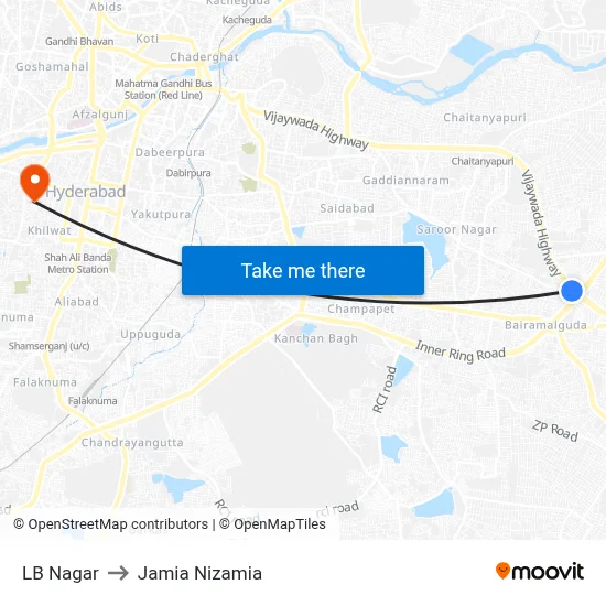 LB Nagar to Jamia Nizamia map