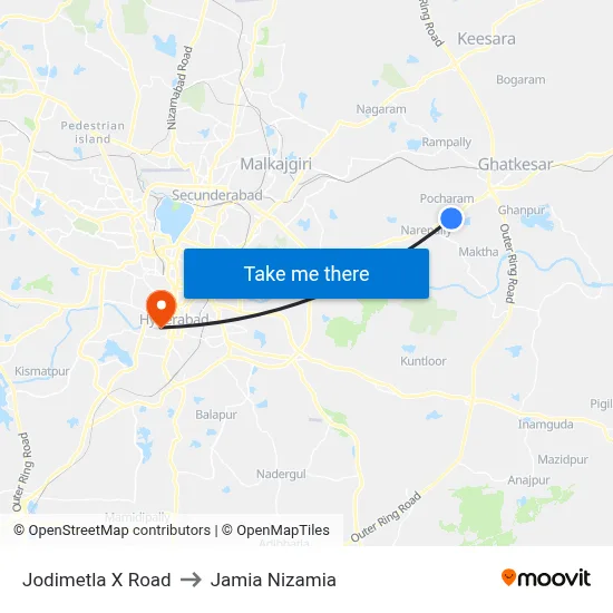 Jodimetla X Road to Jamia Nizamia map