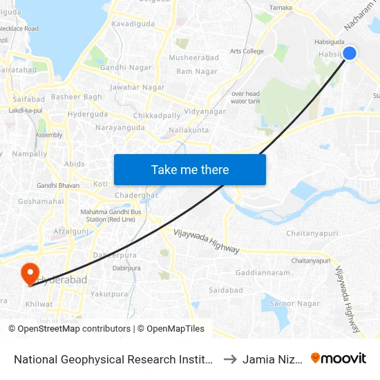 National Geophysical Research Institute (N.G.R.I) to Jamia Nizamia map