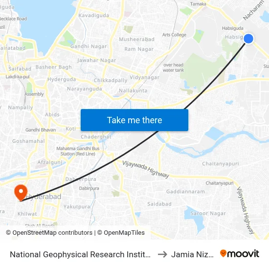National Geophysical Research Institue (N.G.R.I) to Jamia Nizamia map
