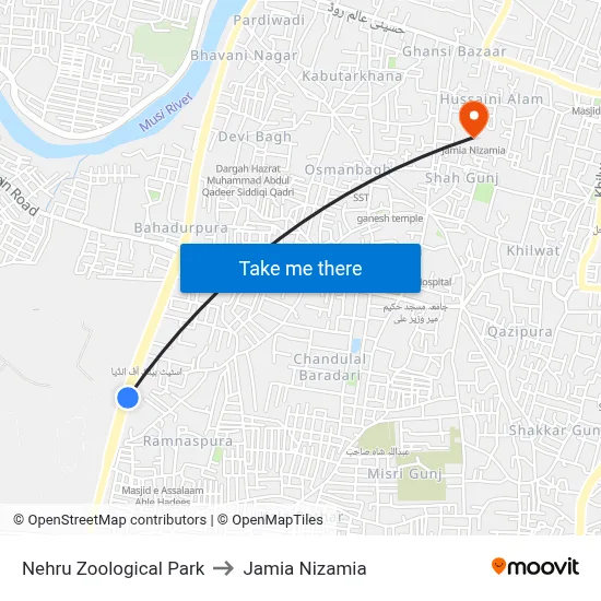 Nehru Zoological Park to Jamia Nizamia map