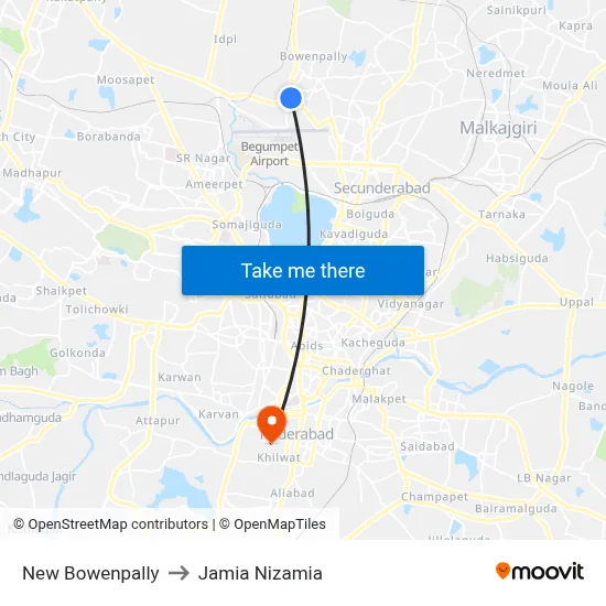 New Bowenpally to Jamia Nizamia map