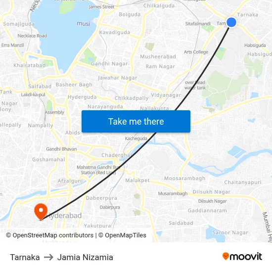Tarnaka to Jamia Nizamia map