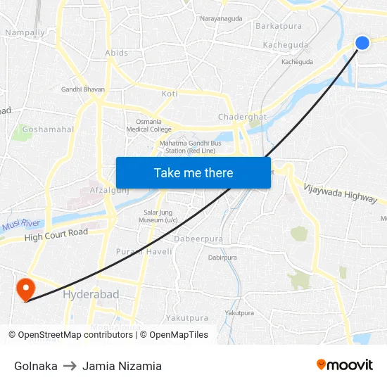 Golnaka to Jamia Nizamia map