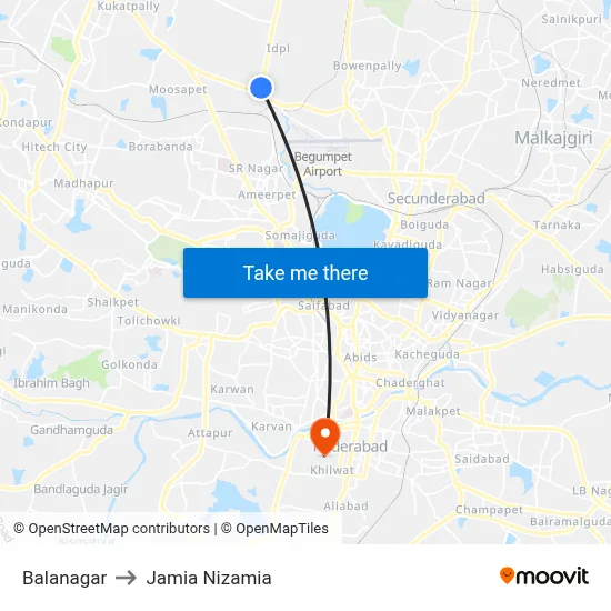 Balanagar to Jamia Nizamia map