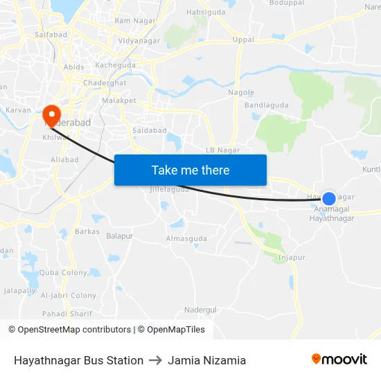 Hayathnagar Bus Station to Jamia Nizamia map