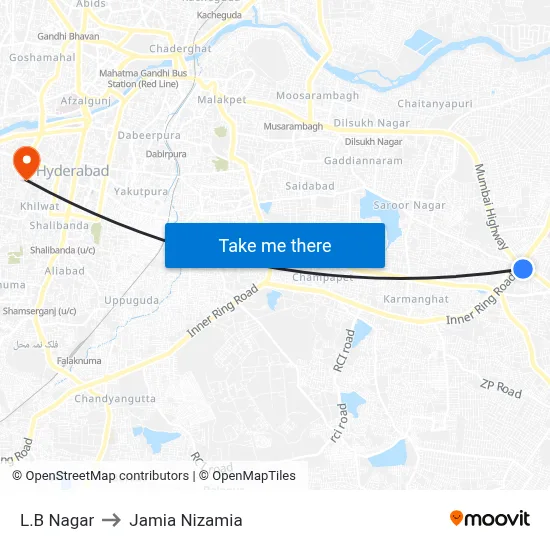 L.B Nagar to Jamia Nizamia map
