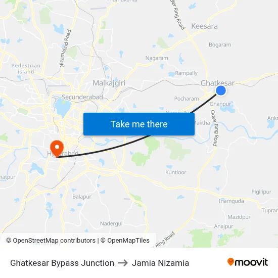 Ghatkesar Bypass Junction to Jamia Nizamia map
