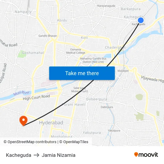 Kacheguda to Jamia Nizamia map