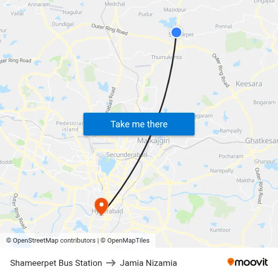 Shameerpet Bus Station to Jamia Nizamia map