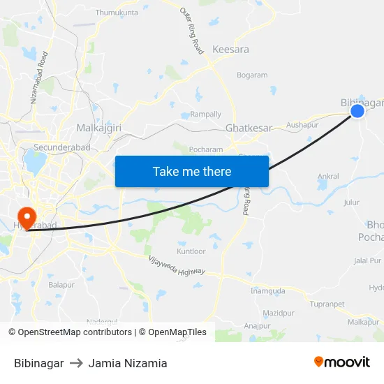 Bibinagar to Jamia Nizamia map