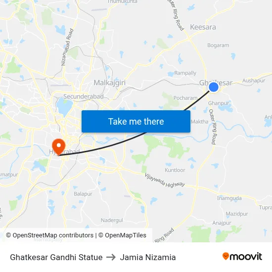 Ghatkesar Gandhi Statue to Jamia Nizamia map