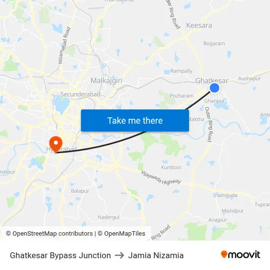 Ghatkesar Bypass Junction to Jamia Nizamia map