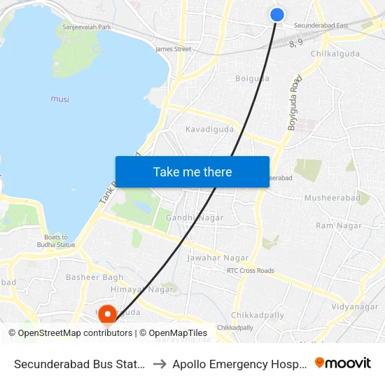Secunderabad Bus Station to Apollo Emergency Hospital map