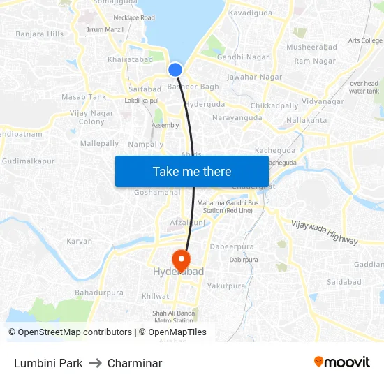 Lumbini Park to Charminar map