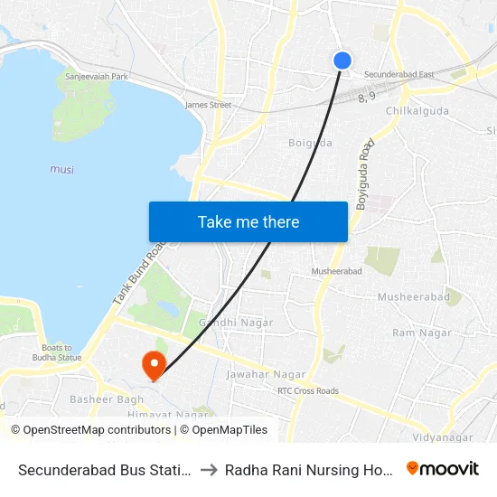 Secunderabad Bus Station to Radha Rani Nursing Home map