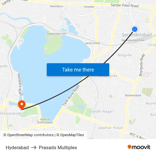 Hyderabad to Prasads Multiplex map