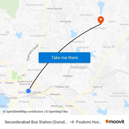 Secunderabad Bus Station (Gurudwara) to Poulomi Hospital map