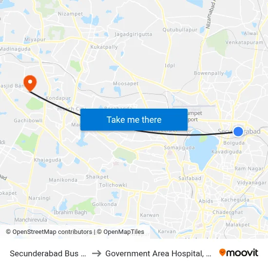 Secunderabad Bus Station to Government Area Hospital, Kondapur map