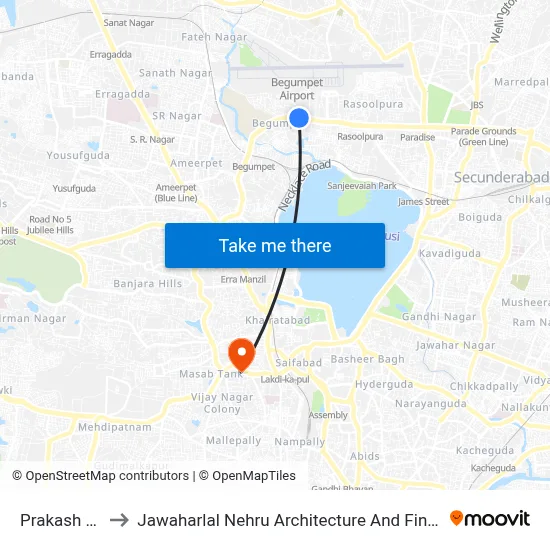Prakash Nagar to Jawaharlal Nehru Architecture And Fine Arts University map