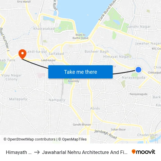 Himayath Nagar to Jawaharlal Nehru Architecture And Fine Arts University map