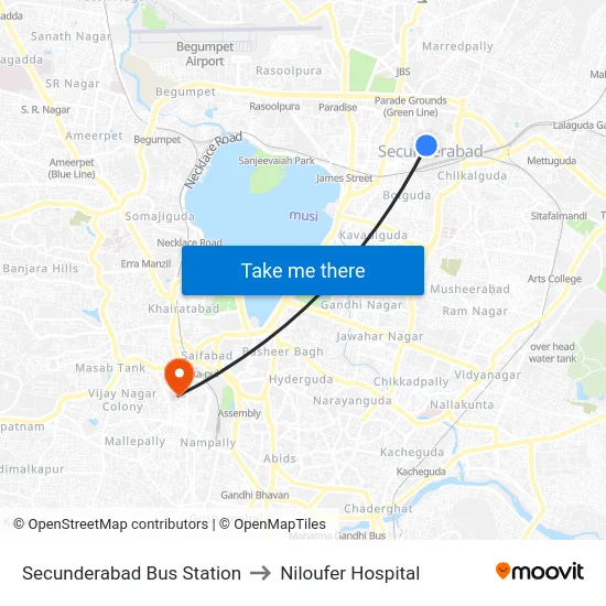 Secunderabad Bus Station to Niloufer Hospital map