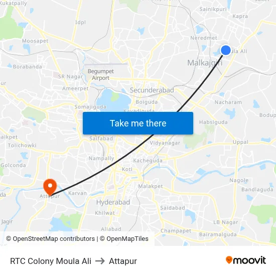 RTC Colony Moula Ali to Attapur map