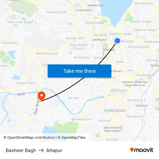 Basheer Bagh to Attapur map