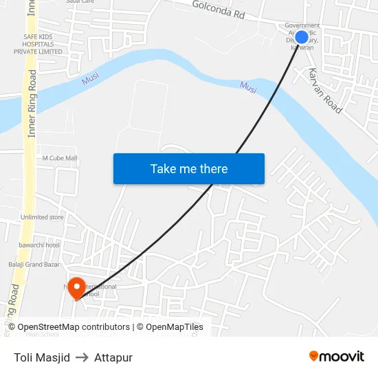 Toli Masjid to Attapur map