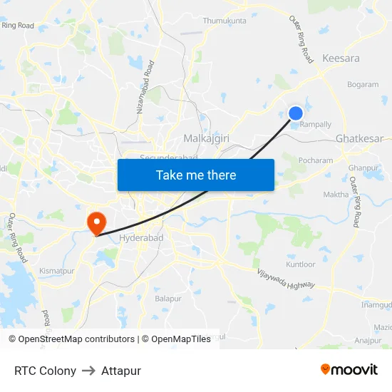RTC Colony to Attapur map