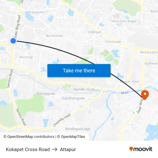 Kokapet Cross Road to Attapur map