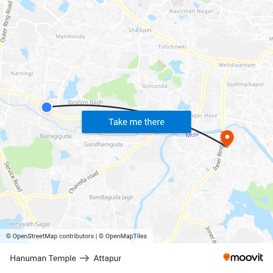 Hanuman Temple to Attapur map