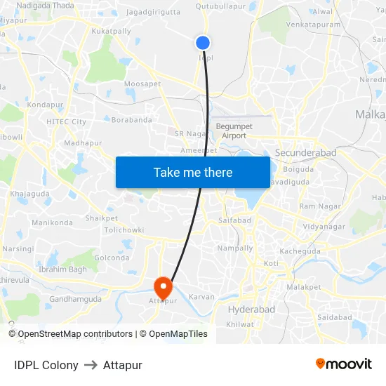 IDPL Colony to Attapur map
