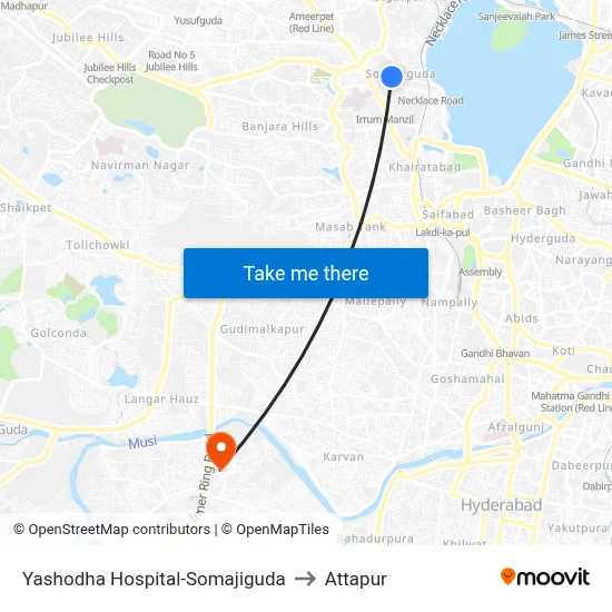 Yashodha Hospital-Somajiguda to Attapur map