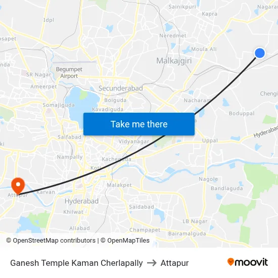 Ganesh Temple Kaman Cherlapally to Attapur map