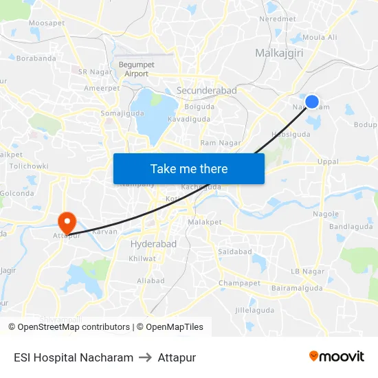 ESI Hospital Nacharam to Attapur map