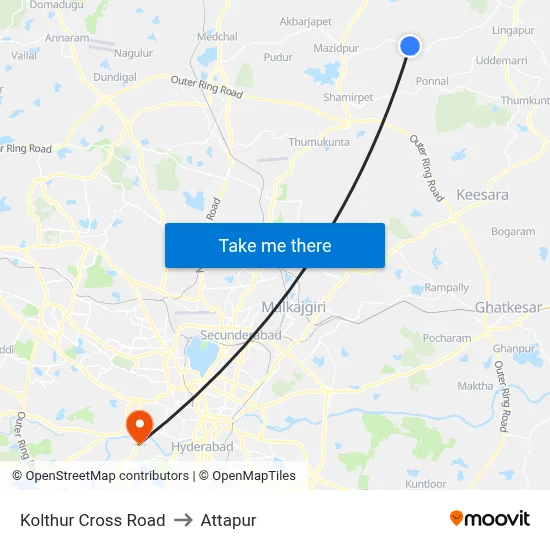 Kolthur Cross Road to Attapur map