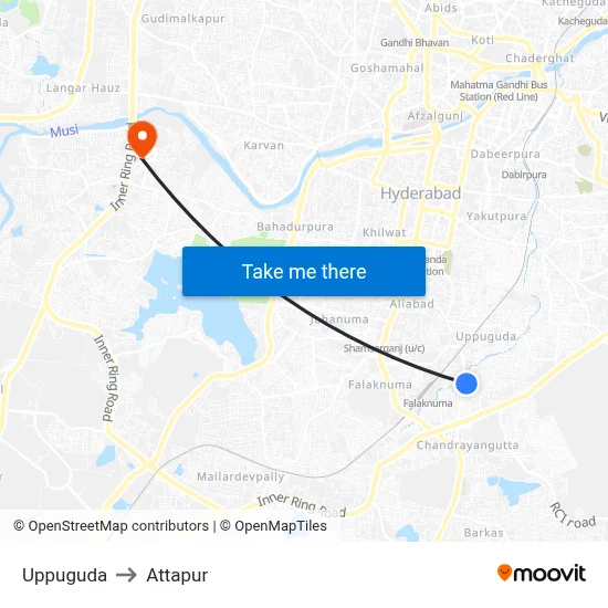 Uppuguda to Attapur map