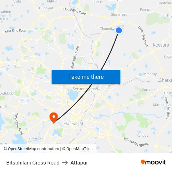 Bitsphilani Cross Road to Attapur map