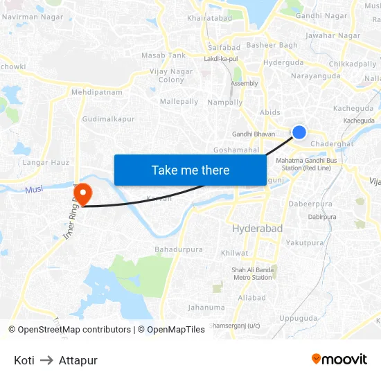 Koti to Attapur map