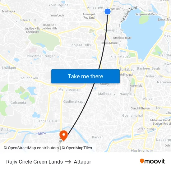 Rajiv Circle  Green Lands to Attapur map