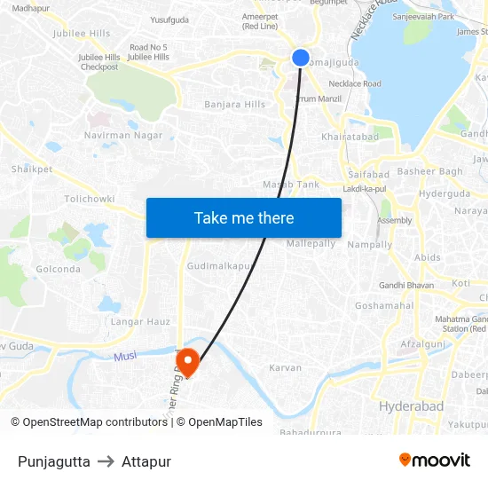 Punjagutta to Attapur map