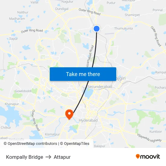 Kompally Bridge to Attapur map