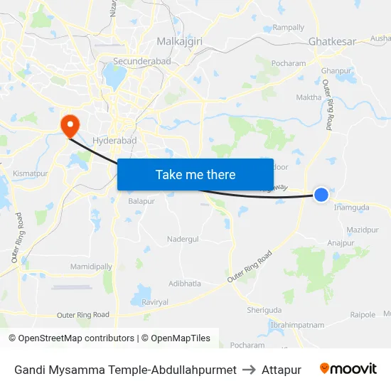 Gandi Mysamma Temple-Abdullahpurmet to Attapur map