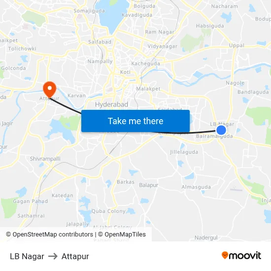 LB Nagar to Attapur map