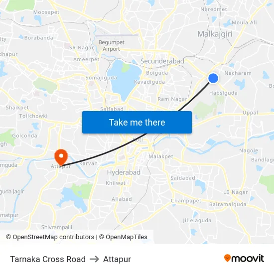 Tarnaka Cross Road to Attapur map